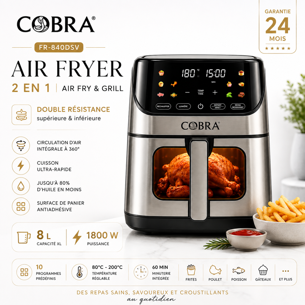 AIR FRYER COBRA FR-840DSV – 8 L | 1800 W | 2 EN 1