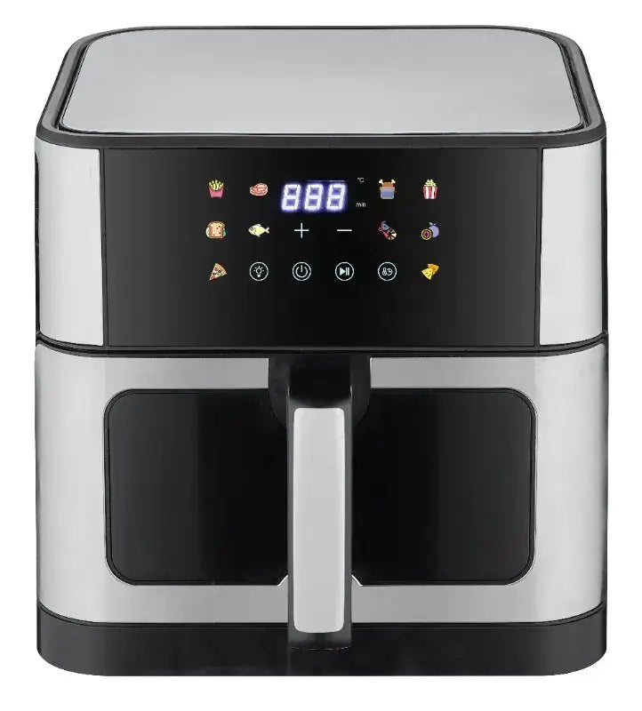 Air fryer 10 l en acier inoxydable et noir avec affichage digital et boutons de contrôle pour cuisson rapide