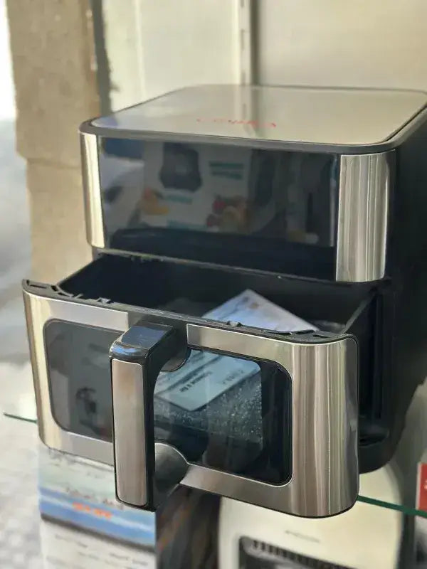 Air fryer 10 l en acier inoxydable noir avec porte en verre transparent pour une cuisson saine et rapide