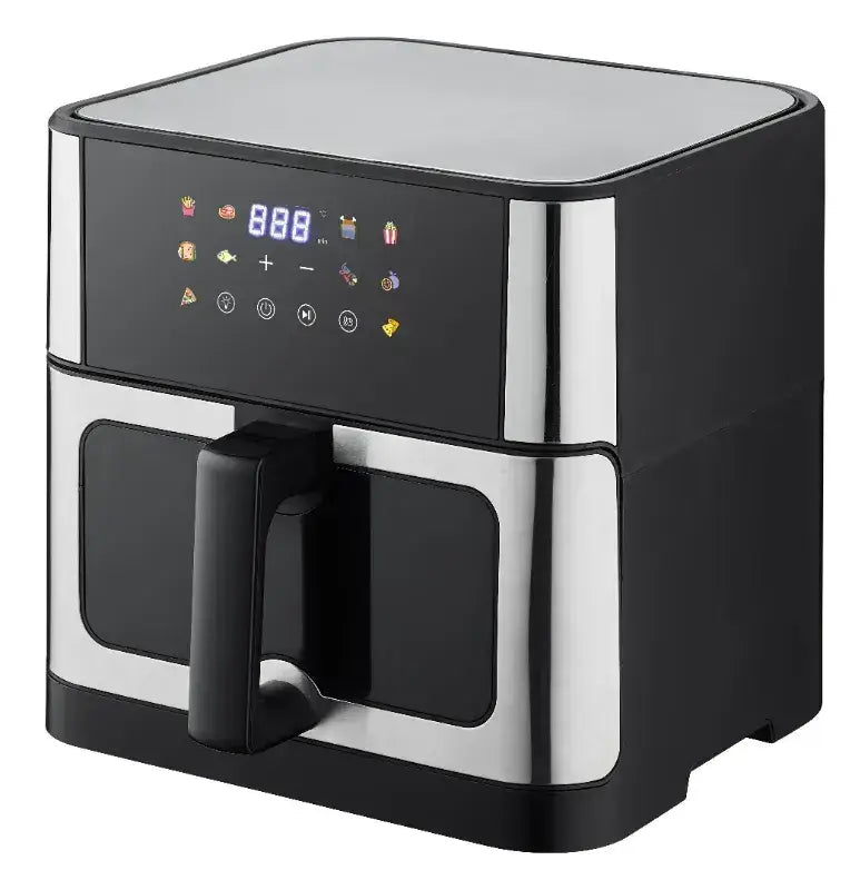 Air fryer 10 l noir et acier inoxydable avec affichage numérique montrant des icônes alimentaires