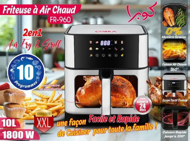 Air fryer 10 l silver et noir cobra fr-960 avec affichage numérique capacité 10 l puissance 1800w pour frire et griller