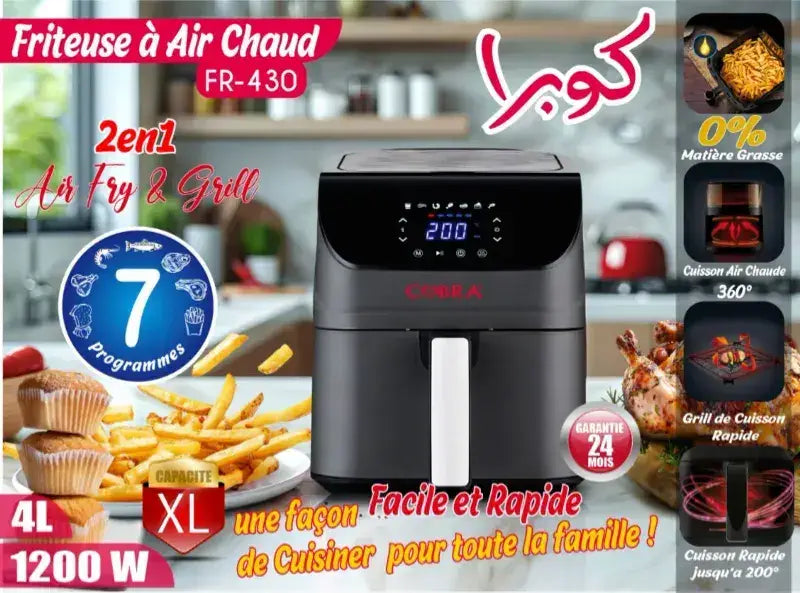 Air fryer 4 l cobra noir et rouge avec écran digital et design moderne pour une cuisson saine et rapide