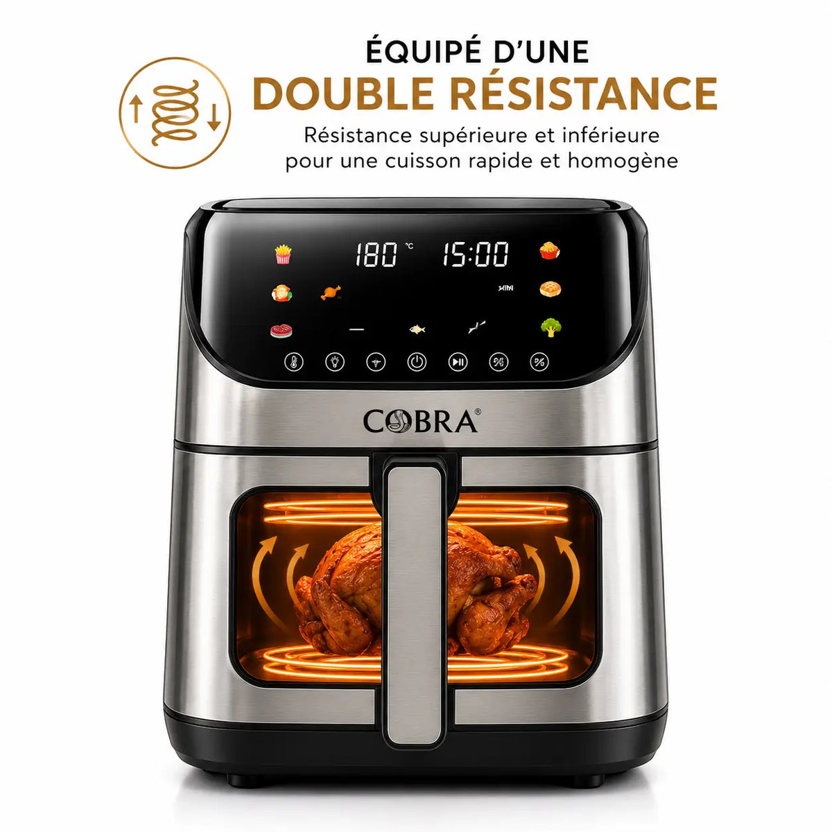Air fryer cobra fr 640dsv en acier inoxydable argent avec écran digital et double élément chauffant cuisant un poulet doré