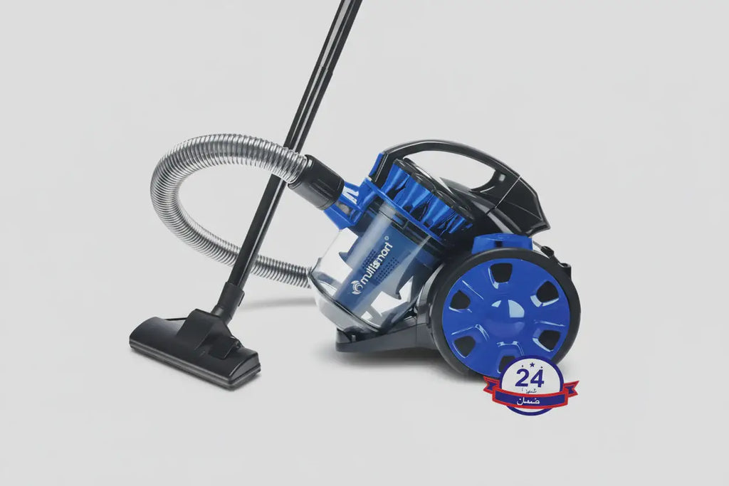 Aspirateur 1400 watt cyclone bleu et noir avec conteneur à poussière transparent et tuyau flexible argenté