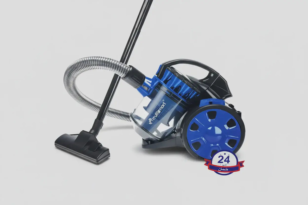 Aspirateur 1400 watt cyclone bleu et noir avec conteneur à poussière transparent et tuyau flexible argenté