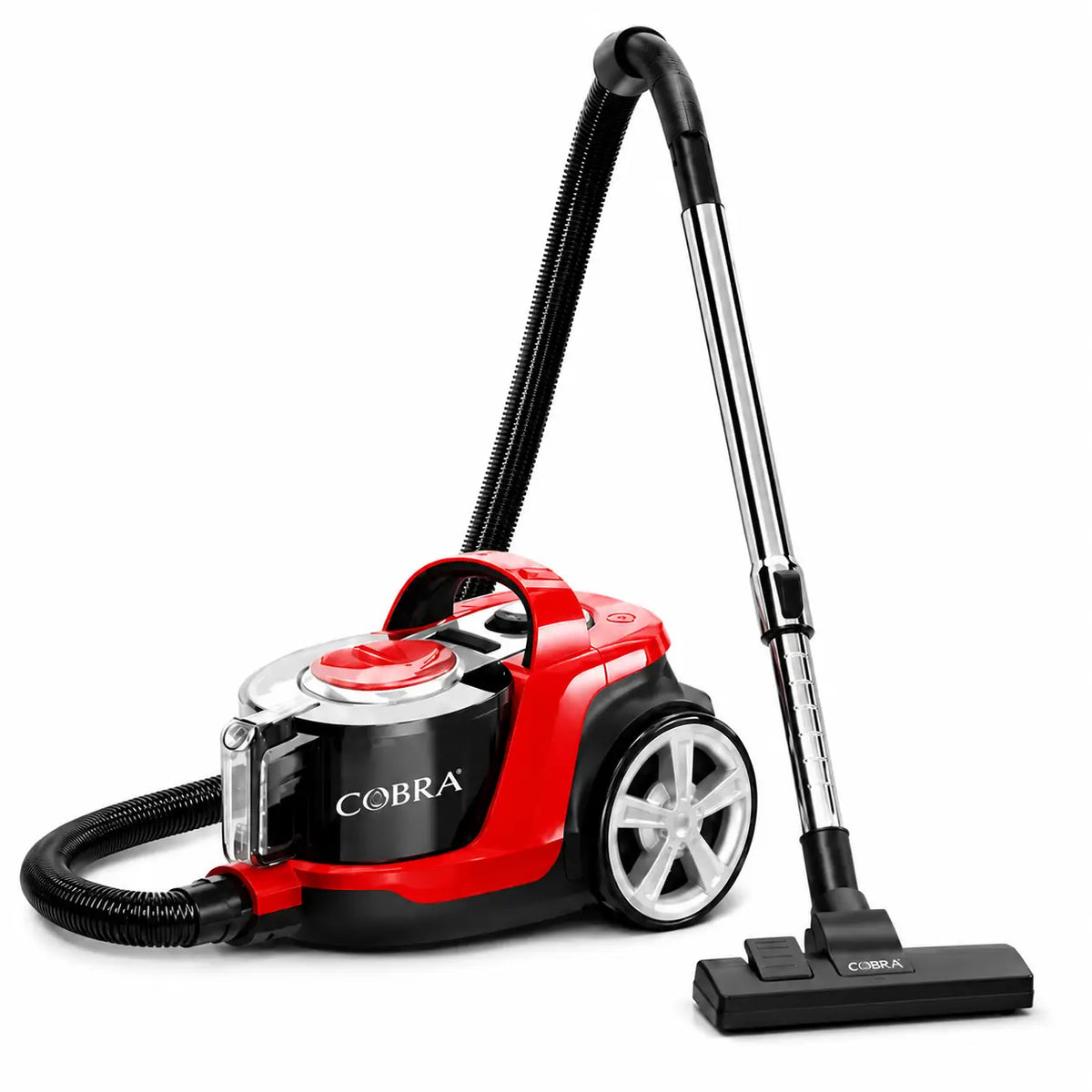 Aspirateur cobra 1800 watt rouge et noir avec accents argentés pour un nettoyage performant