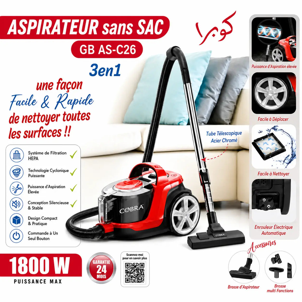 Aspirateur cobra 1800 watt rouge et noir avec tube télescopique chrome 3-en-1 pour nettoyage polyvalent