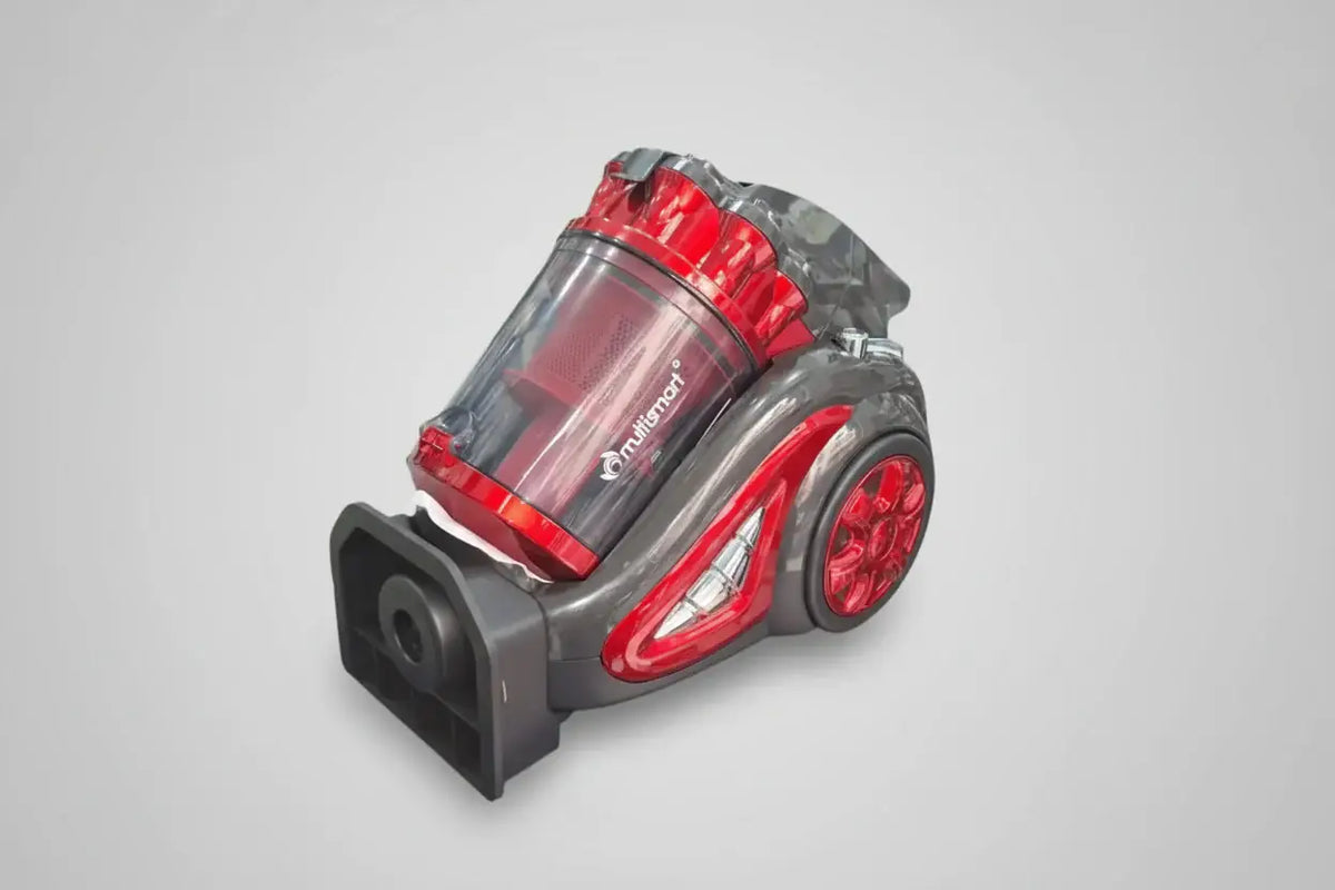 Aspirateur 2200 watt cyclone rouge et gris avec récipient à poussière transparent et design cylindrique