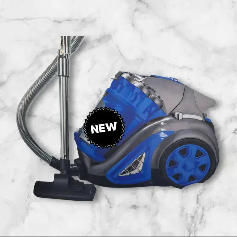 Aspirateur 2200 watt cyclone bleu et gris avec tuyau flexible et brosse sol noire pour nettoyage efficace