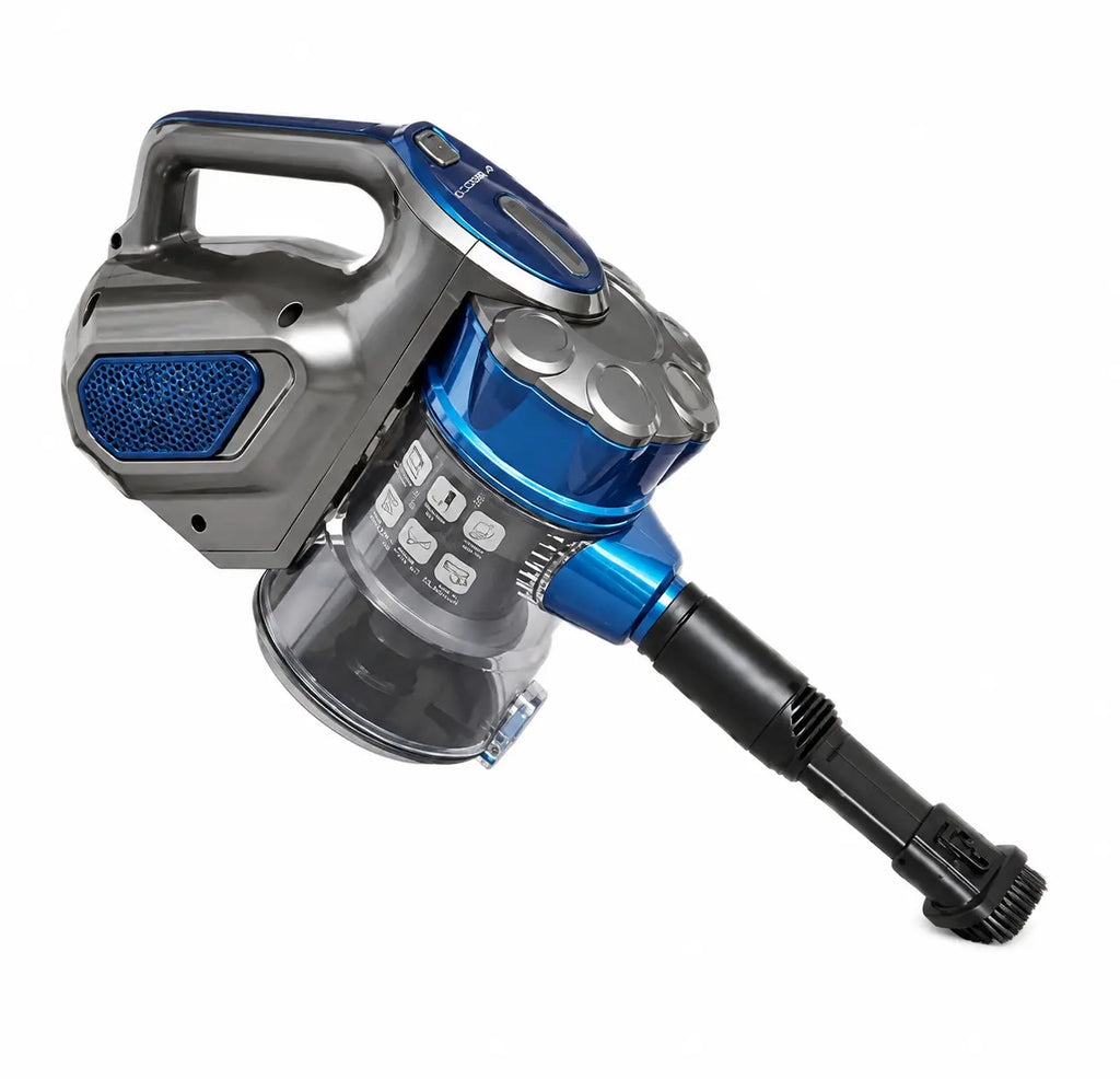 Aspirateur à balais cobra bleu et gris avec réservoir à poussière transparent et poignée portable