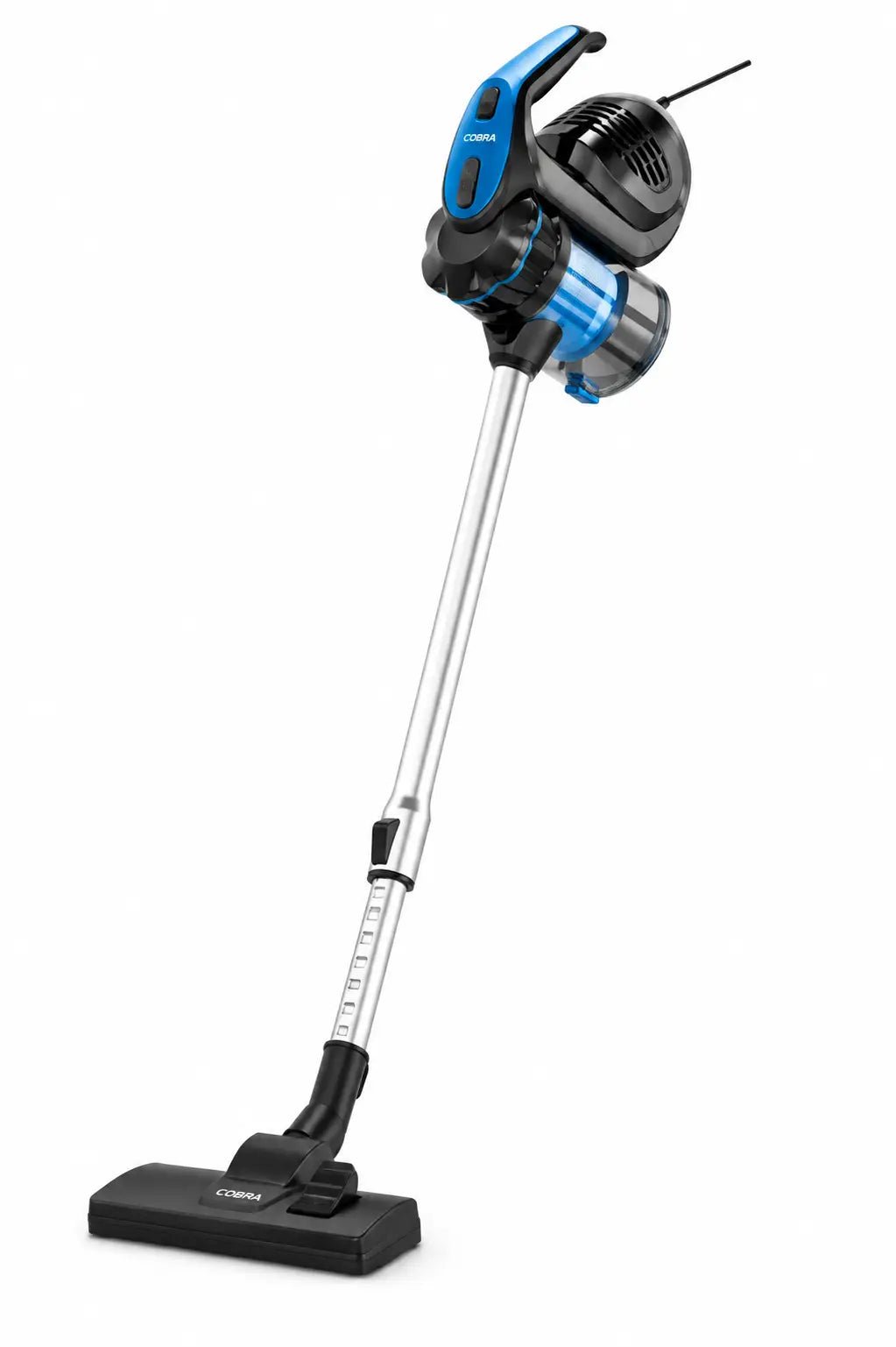 Aspirateur à balais cobra b29 bleu et noir sans fil avec bac à poussière transparent