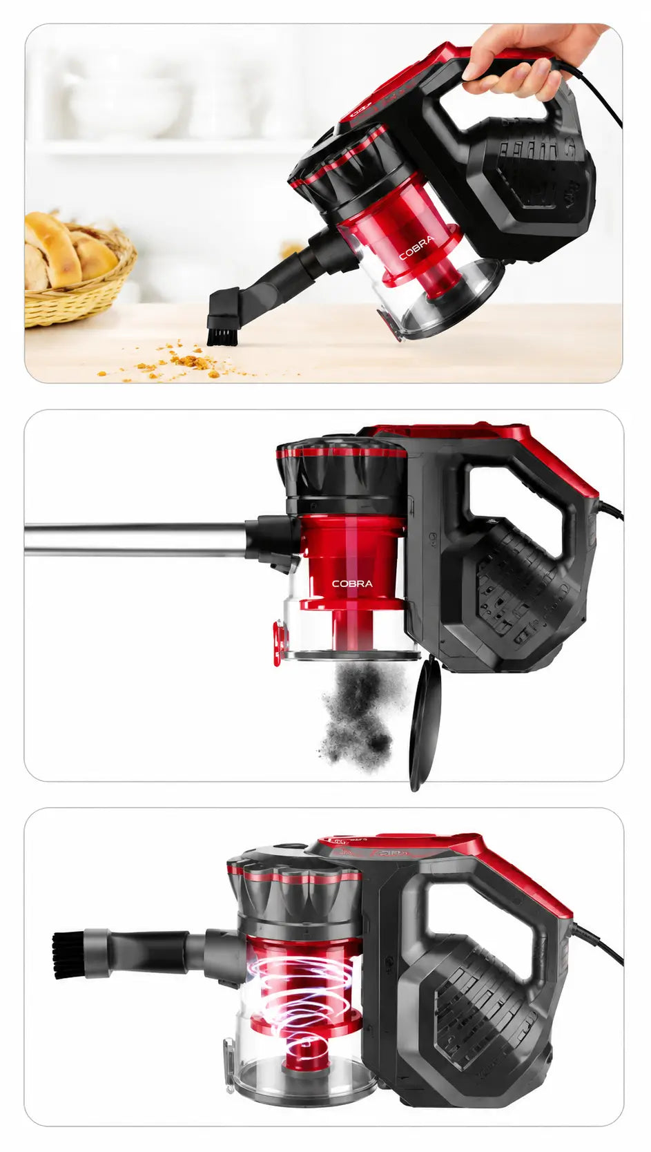 Aspirateur à main cobra b29 rouge et noir avec bac à poussière transparent pour nettoyage efficace
