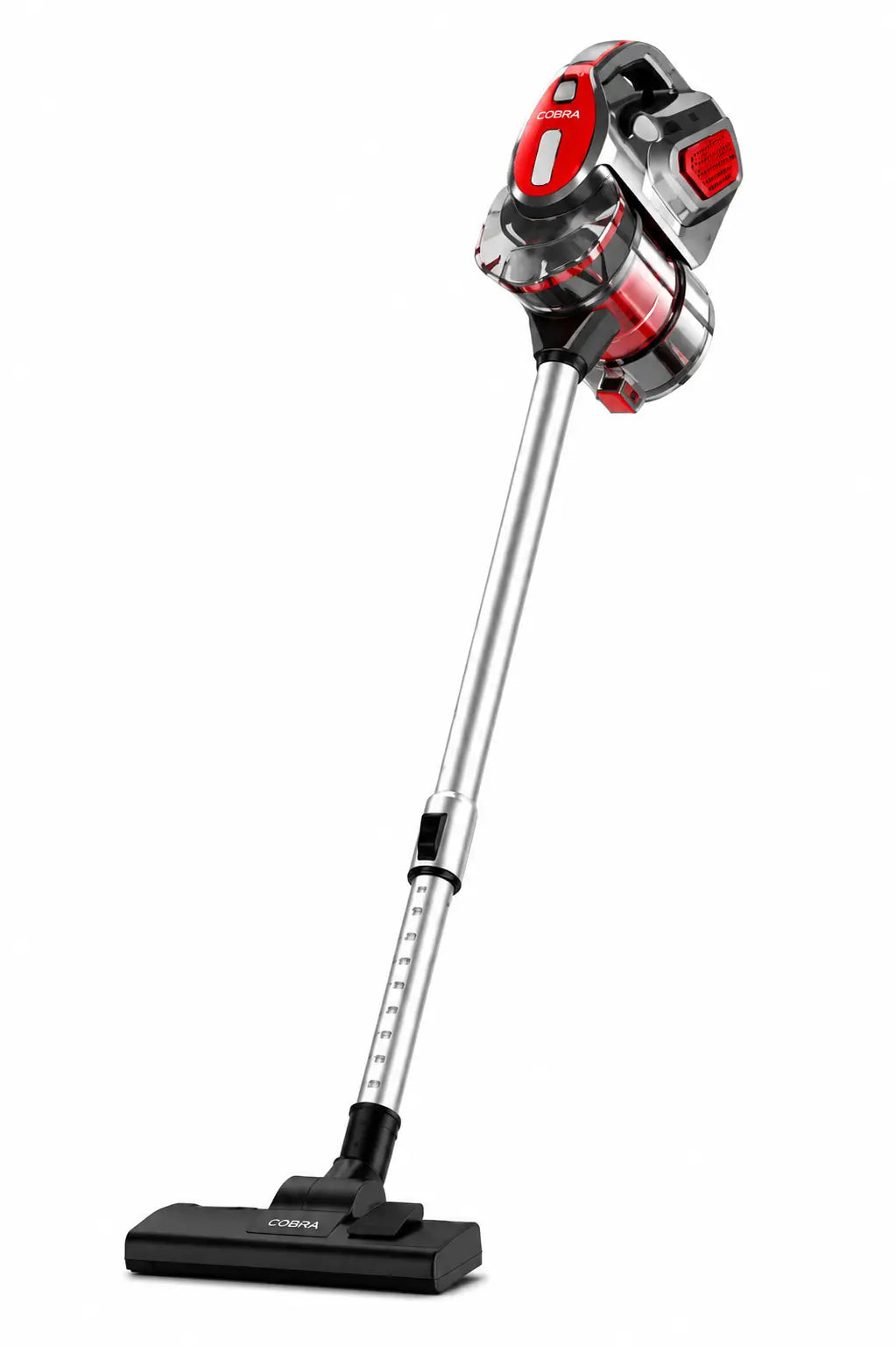 Aspirateur a balais cobra rouge et noir sans fil avec un design moderne et épuré