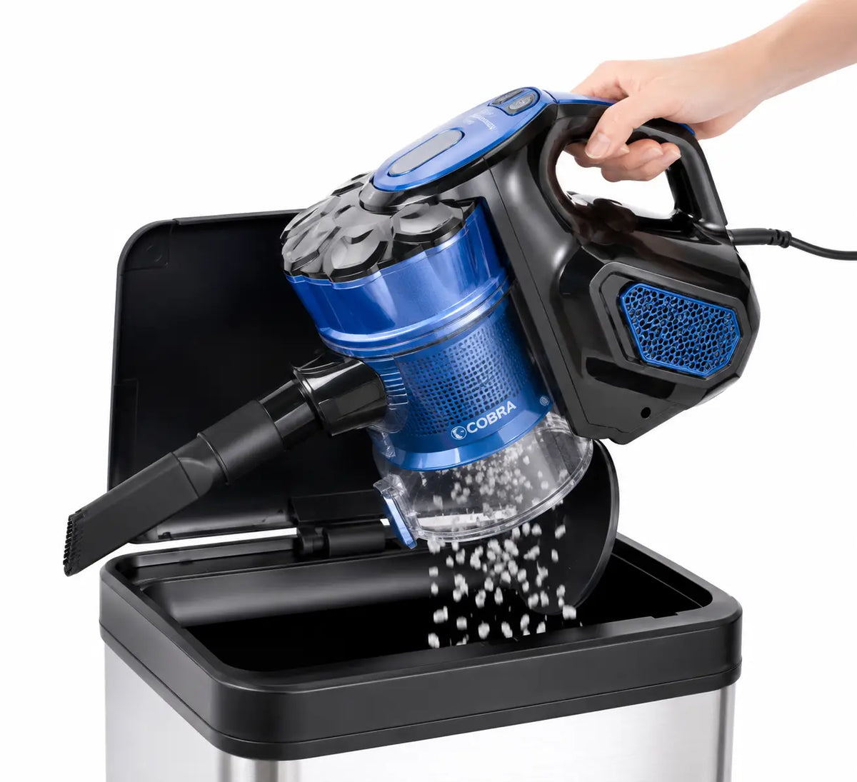 Aspirateur à balais cobra bleu et noir avec bac à poussière transparent et design portable