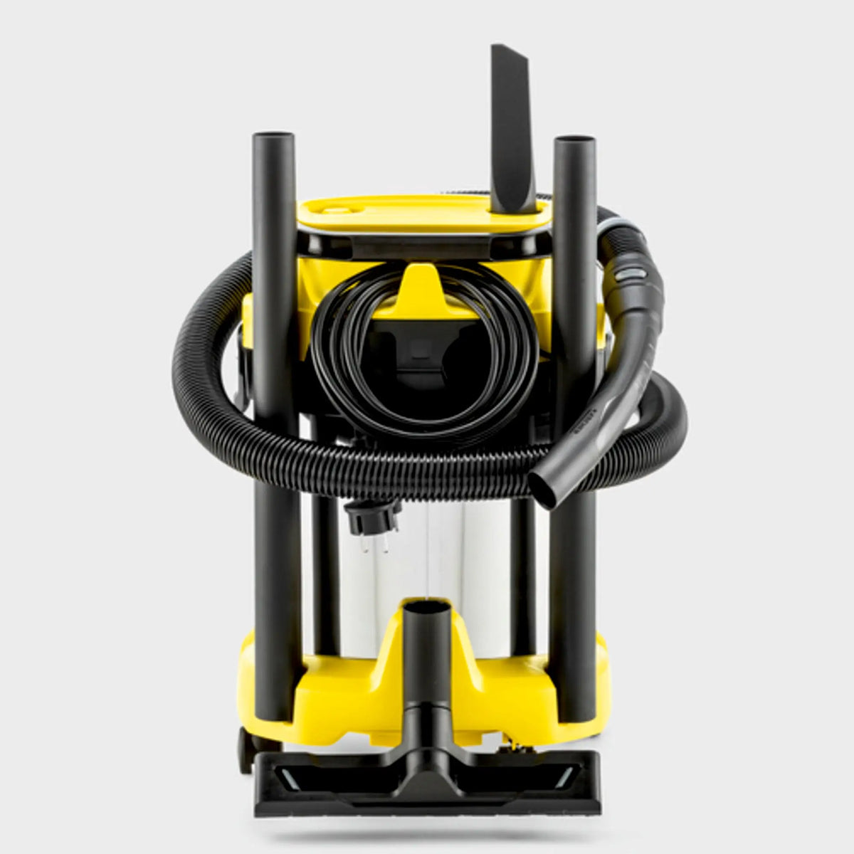 Aspirateur eau et poussière kärcher wd 3 jaune et noir avec tuyau enroulé et accessoires visibles de face