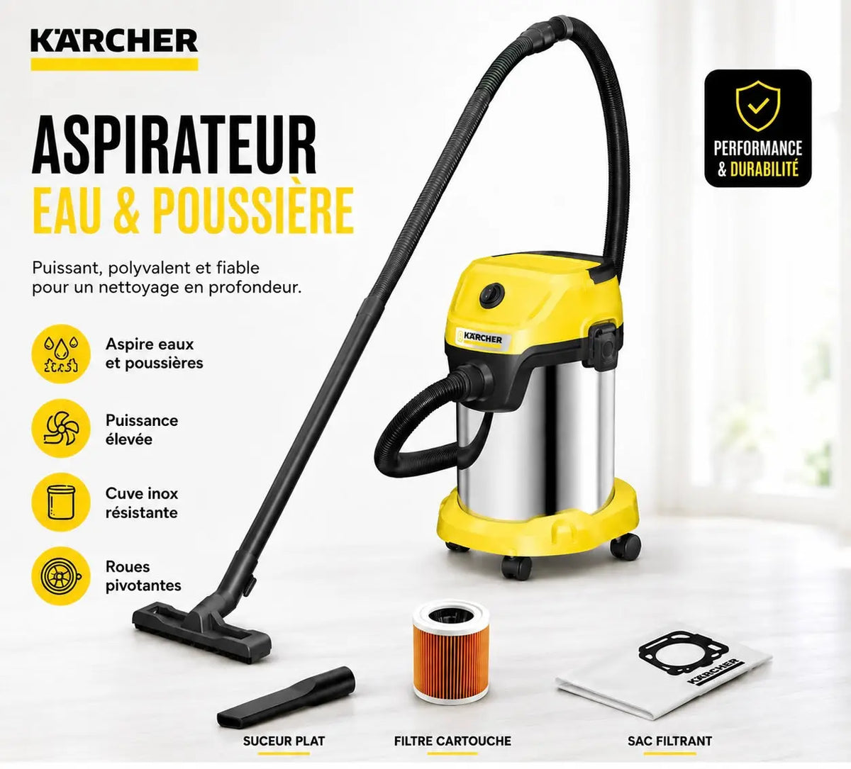 Aspirateur eau et poussière kärcher wd 3 jaune et inox avec tuyaux noirs et accessoires pour usage humide et sec