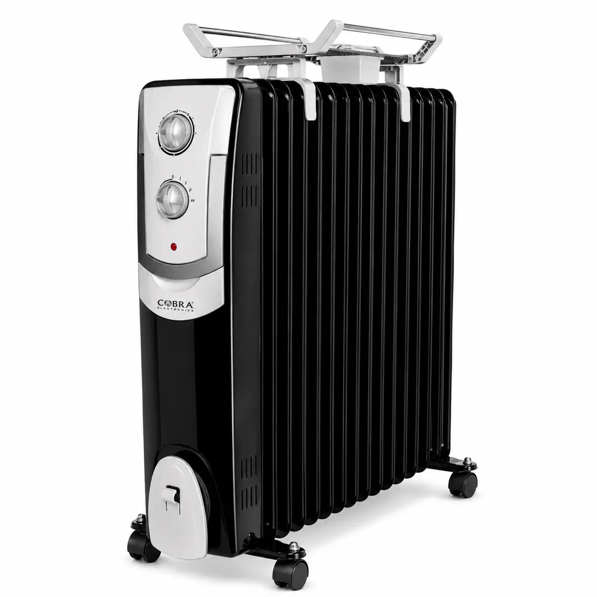Radiateur électrique bain d’huile cobra cb-bh-13b noir et argent avec design côtelé et roulettes pour mobilité facile