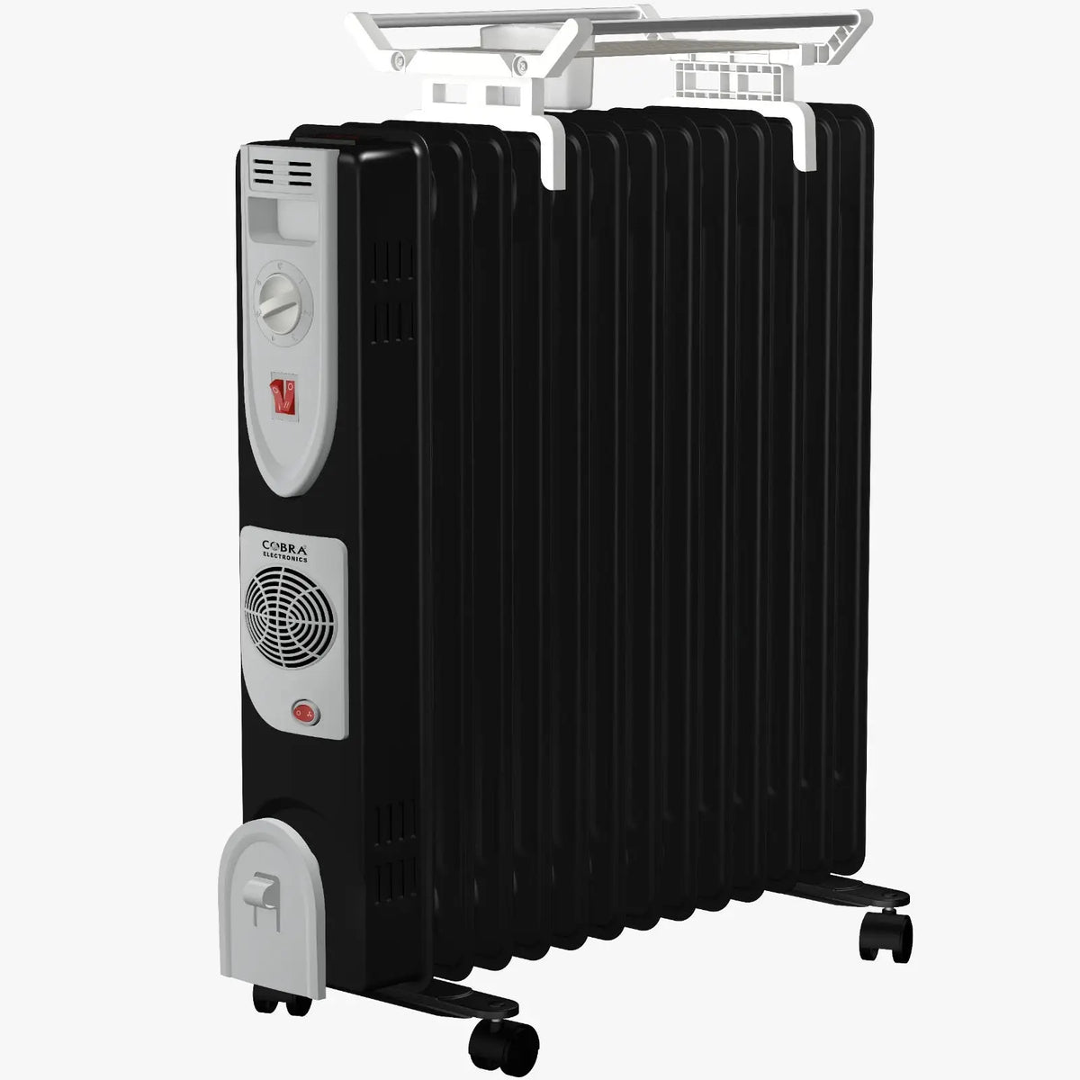 Chauffage radiateur bain dhuile cb-bh-13e noir avec panneau blanc boutons rouges roulettes électriques cobra
