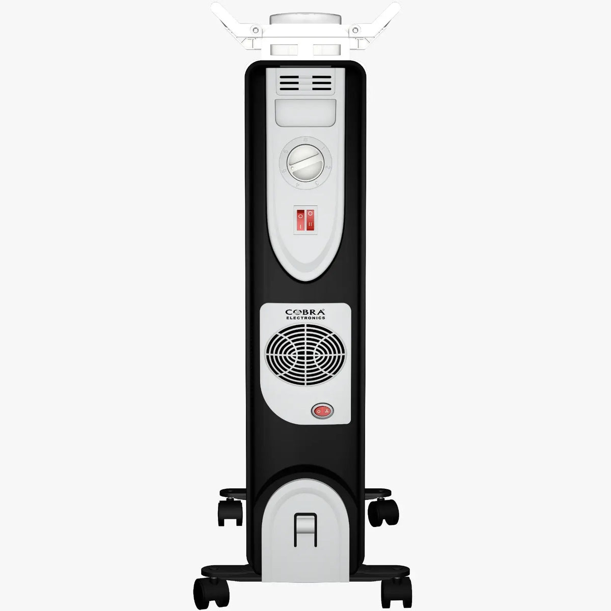 Chauffage soufflant bain dhuile cb-bh-13e de cobra electronics noir et blanc avec grille circulaire commande et roulettes