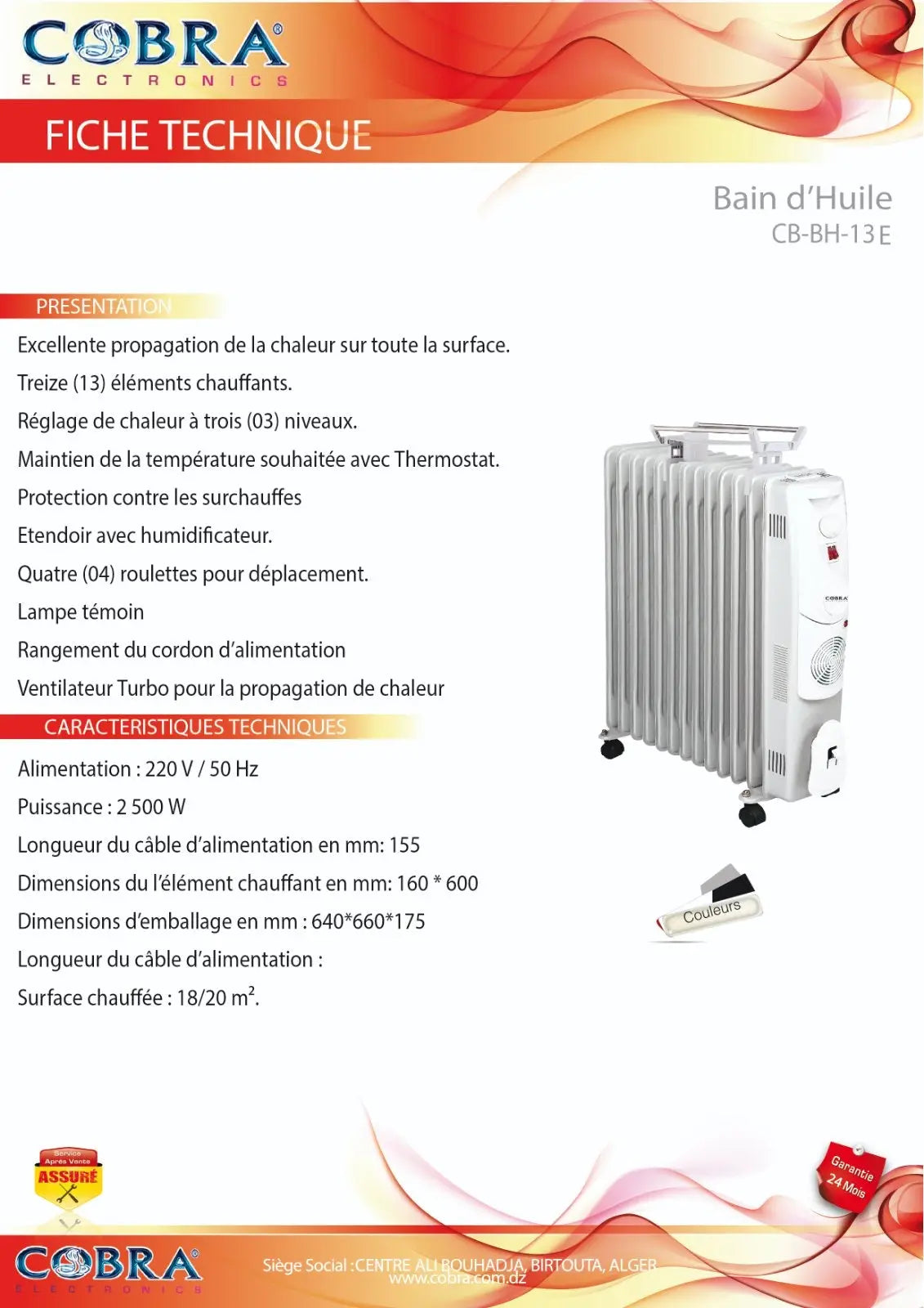 Radiateur bain dhuile blanc cobra cb-bh-13e avec design cannelé et quatre roues pour mobilité aisée