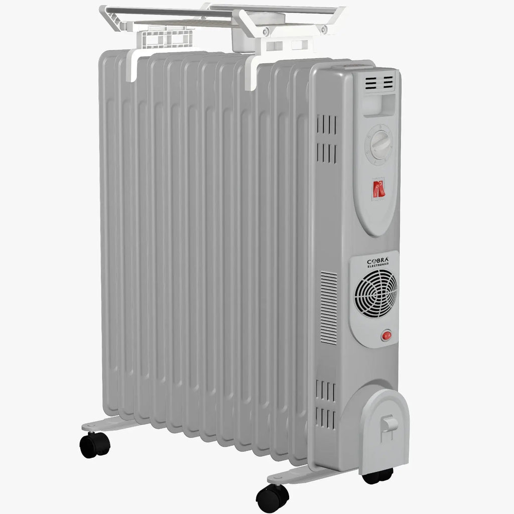 Radiateur bain dhuile cb-bh-13e cobra gris avec panneaux verticaux, grille blanche et roulettes noires