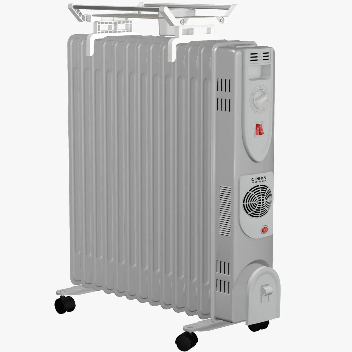 Radiateur bain dhuile cb-bh-13e cobra gris avec panneaux verticaux, grille blanche et roulettes noires