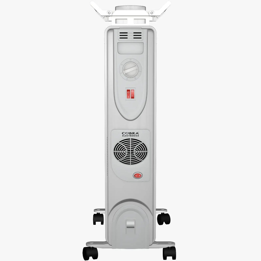 Ventilateur sur pied blanc cobra electronics bain dhuile cb-bh-13e avec roues noires et grille circulaire