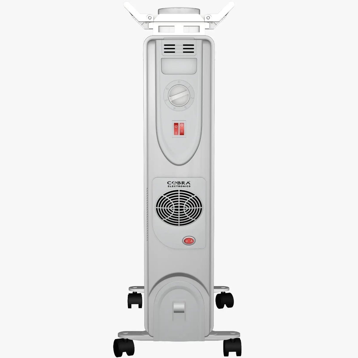 Ventilateur sur pied blanc cobra electronics bain dhuile cb-bh-13e avec roues noires et grille circulaire
