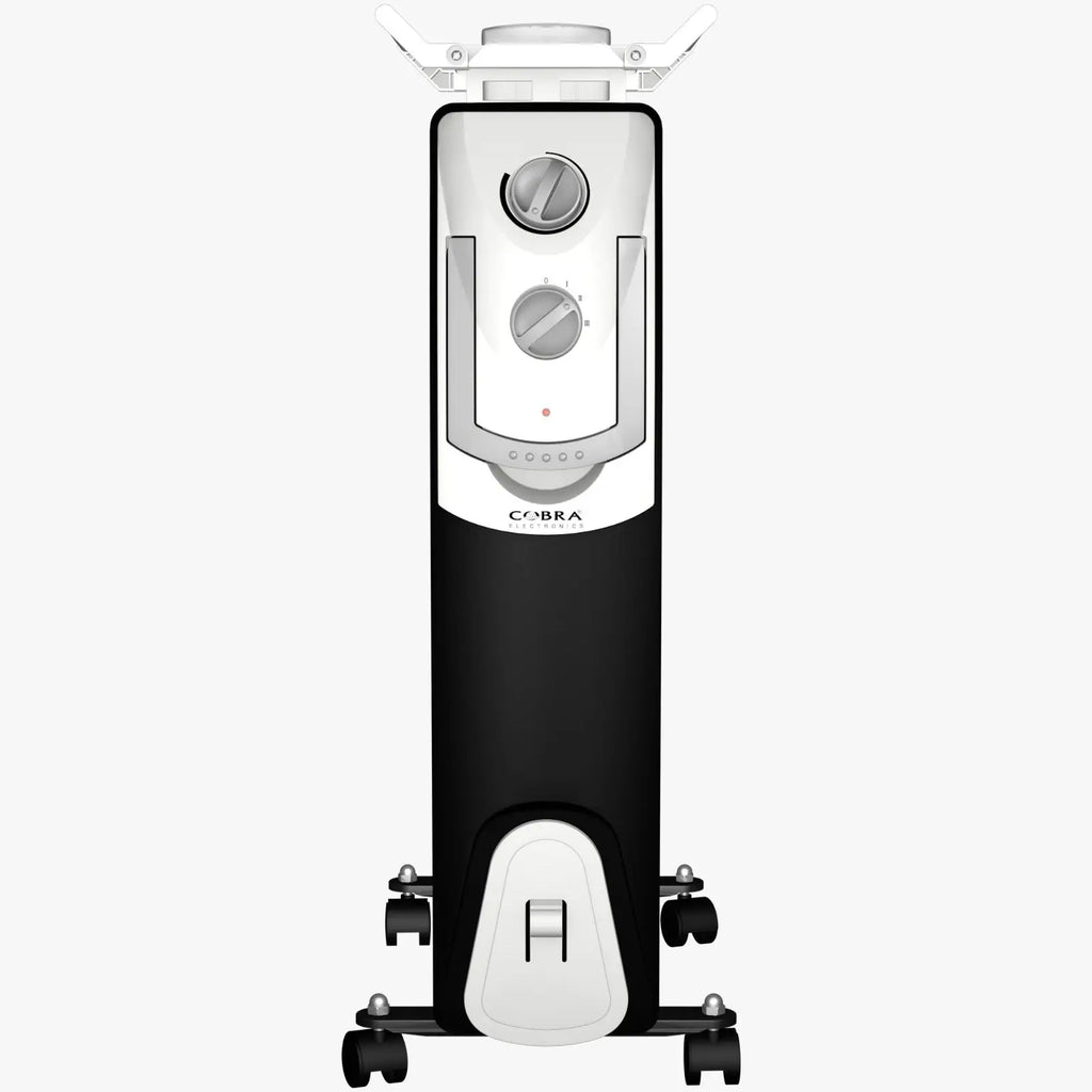 Radiateur électrique bain d’huile cb-bh-15b cobra noir et blanc avec deux boutons, poignée et roues pivotantes