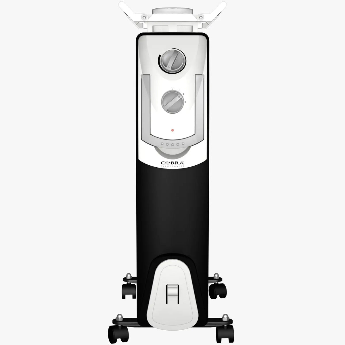 Radiateur électrique bain d’huile cb-bh-15b cobra noir et blanc avec deux boutons, poignée et roues pivotantes