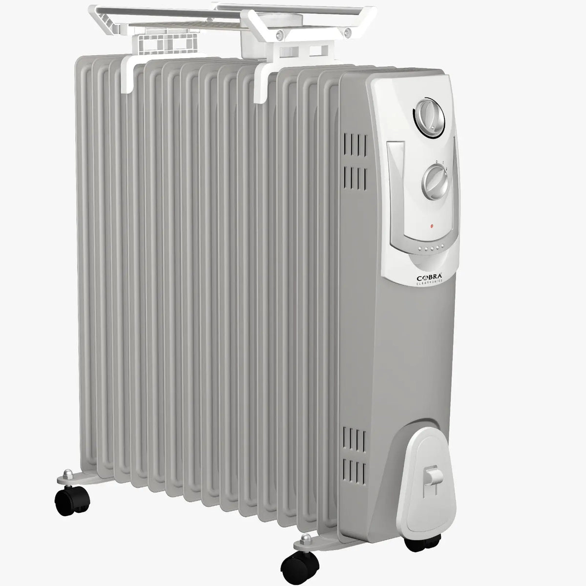 Radiateur électrique bain d’huile cb-bh-15b gris avec ailettes verticales blanc panneau de contrôle roulettes noires