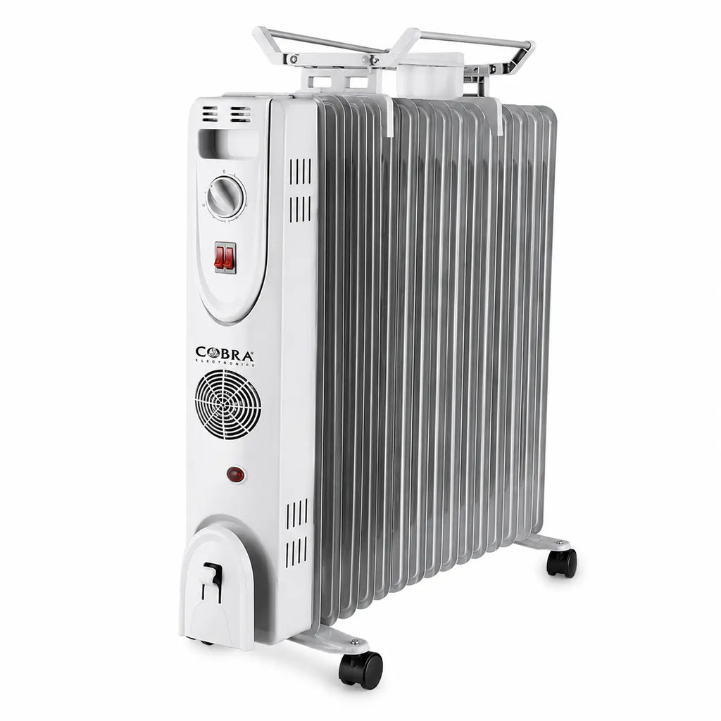 Radiateur à huile électrique cobra blanc et argent bain dhuile cb-bh-15e avec ailettes verticales panneau de contrôle et roues
