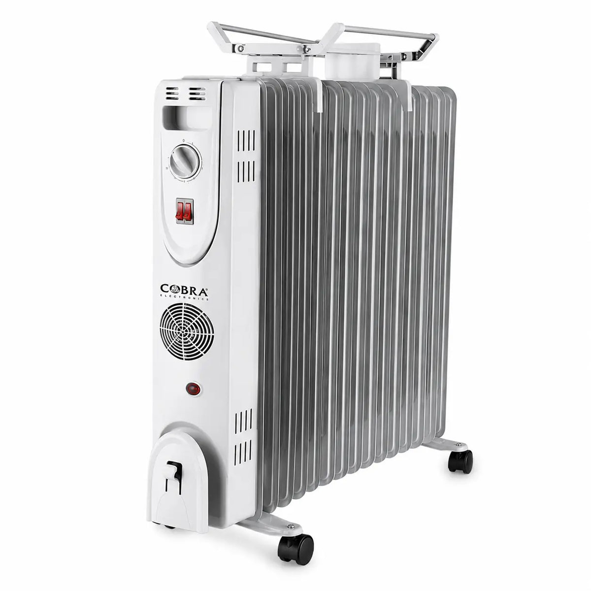 Radiateur à huile électrique cobra blanc et argent bain dhuile cb-bh-15e avec ailettes verticales panneau de contrôle et roues