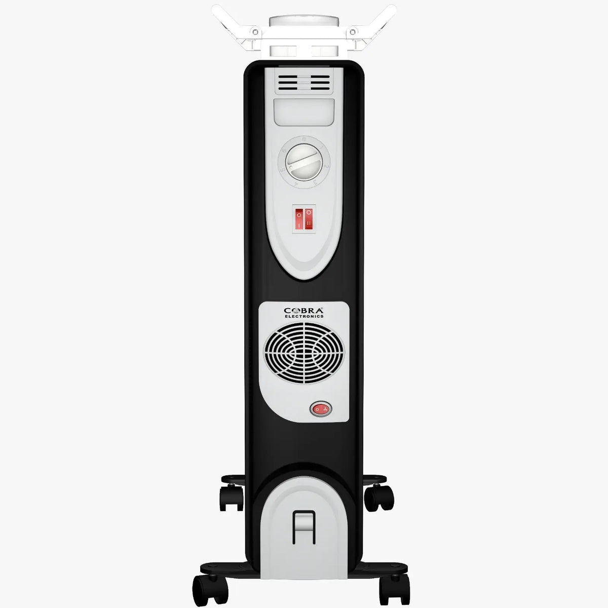 Ventilateur chauffant cobra électronique noir et blanc bain dhuile cb-bh-15e avec panneau de contrôle et roulettes