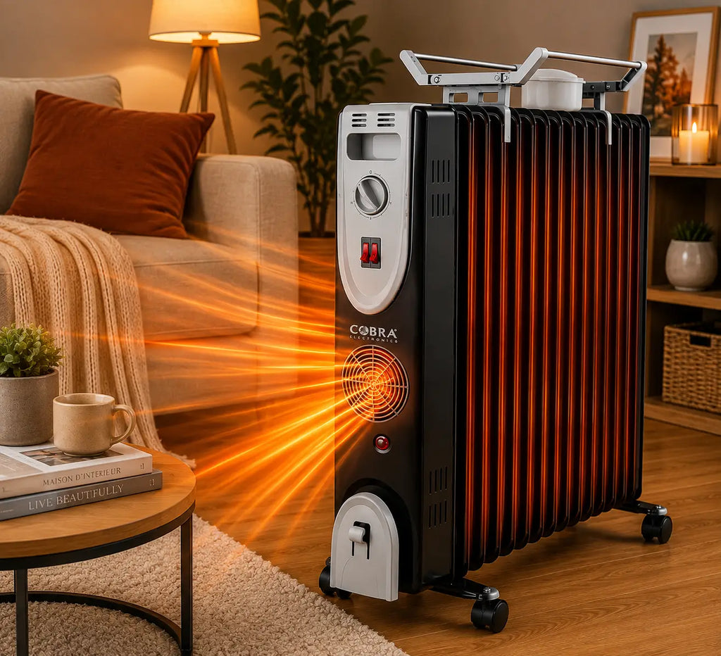 Radiateur bain dhuile cb-bh-15e ventile noir et argent avec elements chauffants verticaux orange brillant