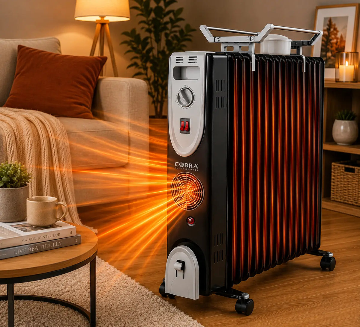 Radiateur bain dhuile cb-bh-15e ventile noir et argent avec elements chauffants verticaux orange brillant