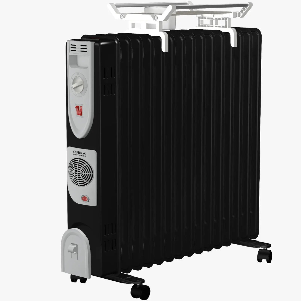 Radiateur électrique bain dhuile cb-bh-15e noir avec panneau de contrôle blanc, bouton marche rouge et roues pivotantes
