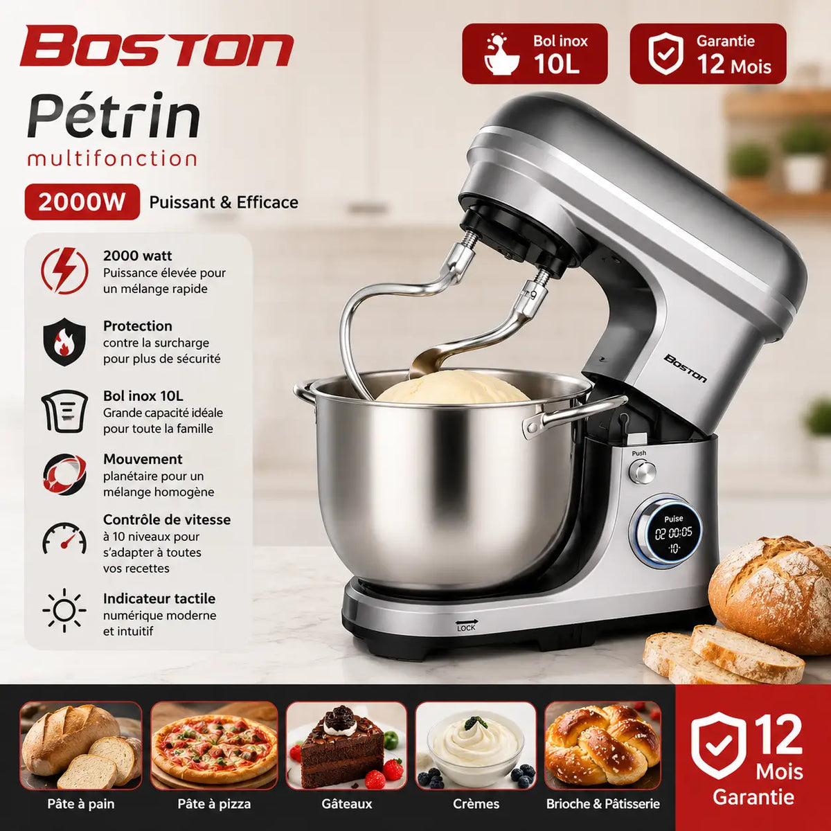 Boston pétrin multifonction 2000w avec bol inox 10l et corps argent parfait pour pétrissage durable