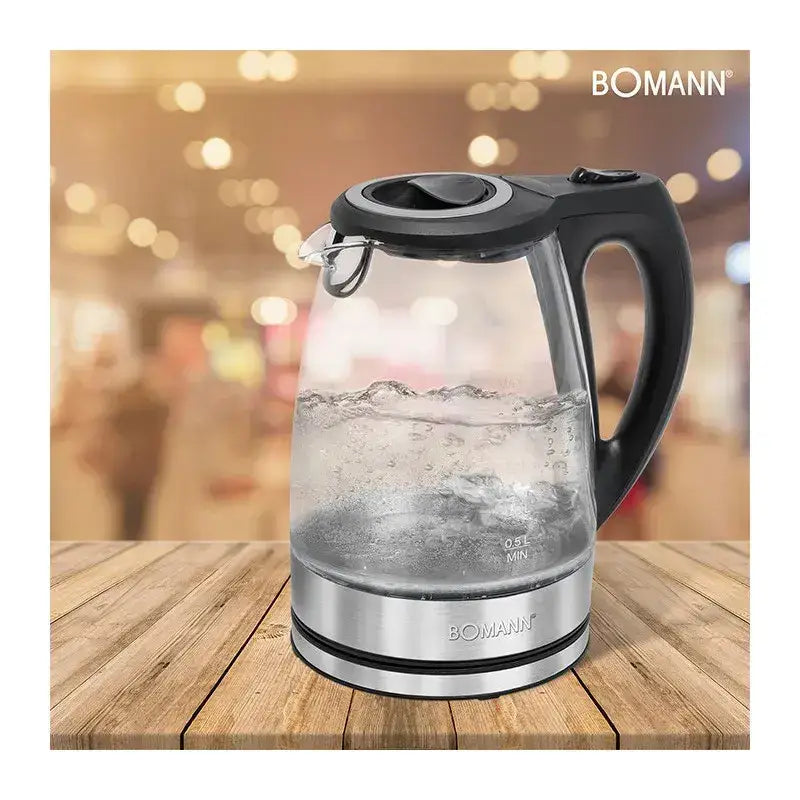 Bouilloire sonashi électrique bomann avec corps en verre transparent, poignée et couvercle noirs, base en acier inoxydable
