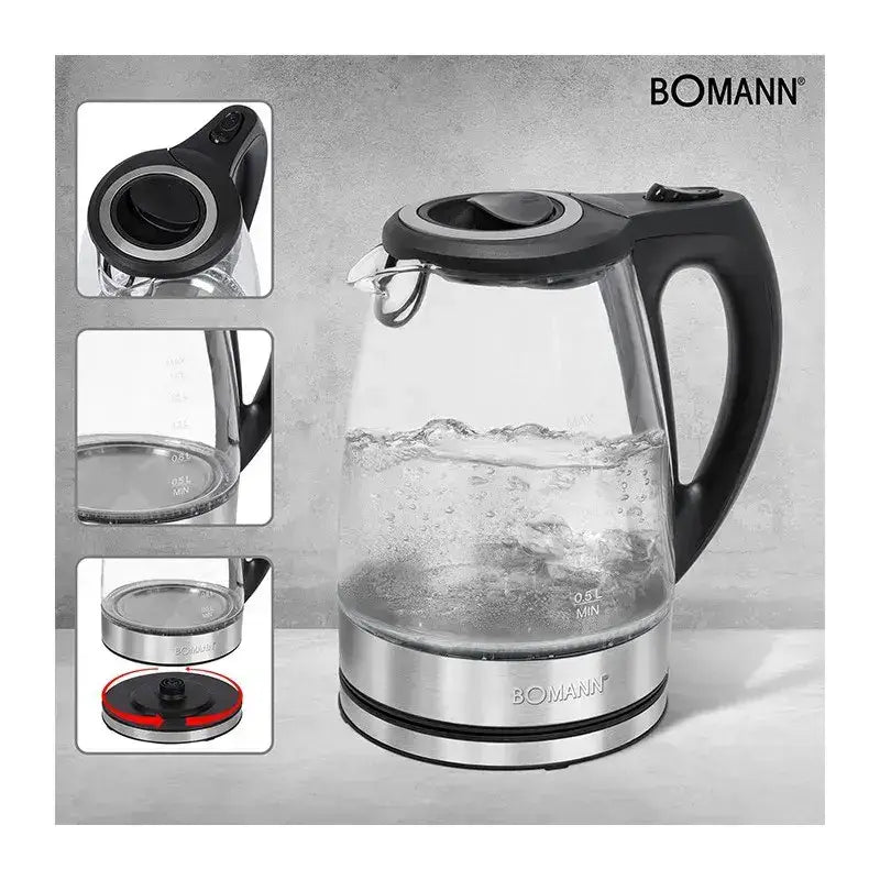 Bouilloire sonashi électrique bomann avec corps en verre transparent, poignée et couvercle noirs, base en acier inoxydable