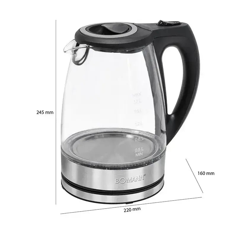 Bouilloire sonashi en verre clair avec poignée et couvercle noirs base en acier inoxydable marque bomann