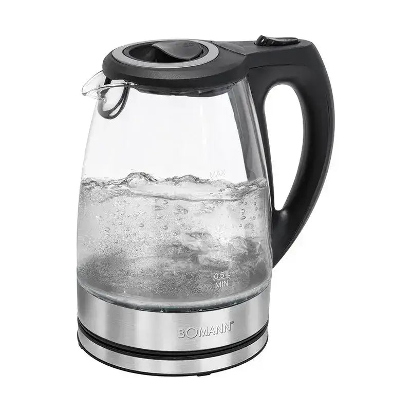 Bouilloire électrique en verre clair avec poignée et couvercle noirs base inox marquée bomann marque sonashi
