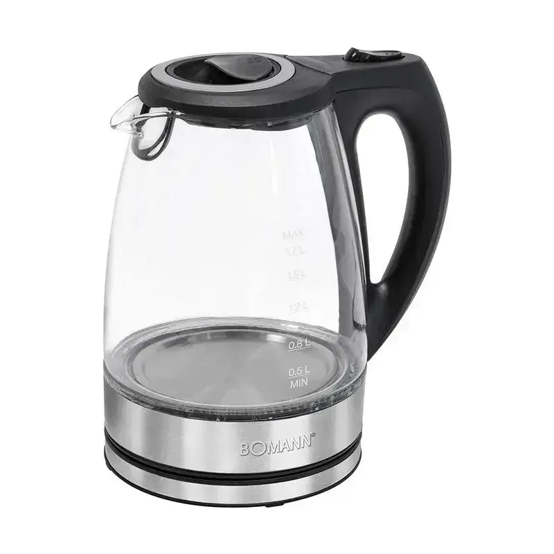Bouilloire sonashi électrique en verre transparent avec poignée et couvercle noirs et base en acier inoxydable bomann