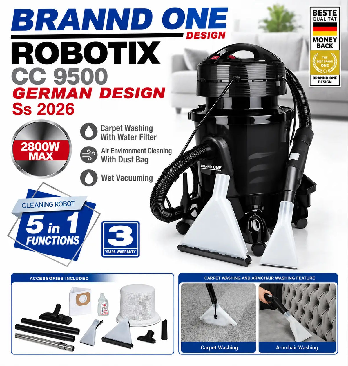 Nettoyeur de tapis brannd one robotix cc 9500 noir et blanc avec filtre à eau sac à poussière et fonction aspirateur humide