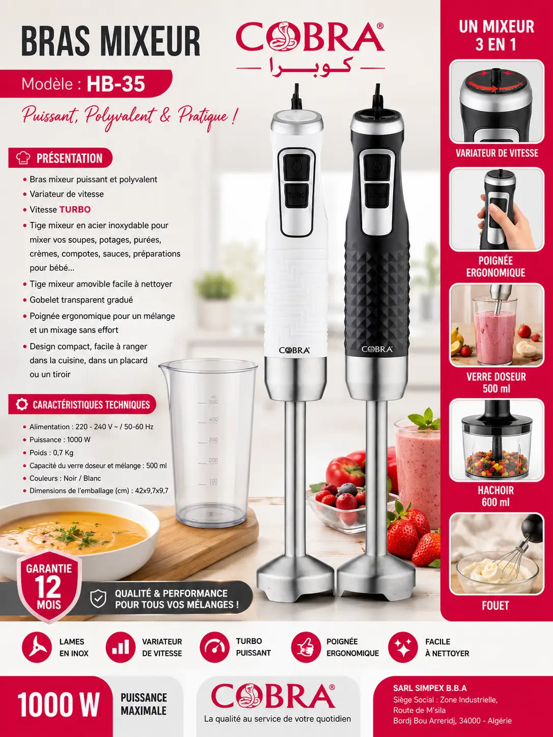 Bras mixeur cobra hb-35 1000w with dual handles stainless steel body and ergonomic black and white grips