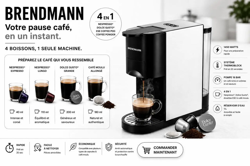 Cafetière brendmann 4 en 1 noire et argent compatible capsules nespresso et dolce gusto avec design élégant