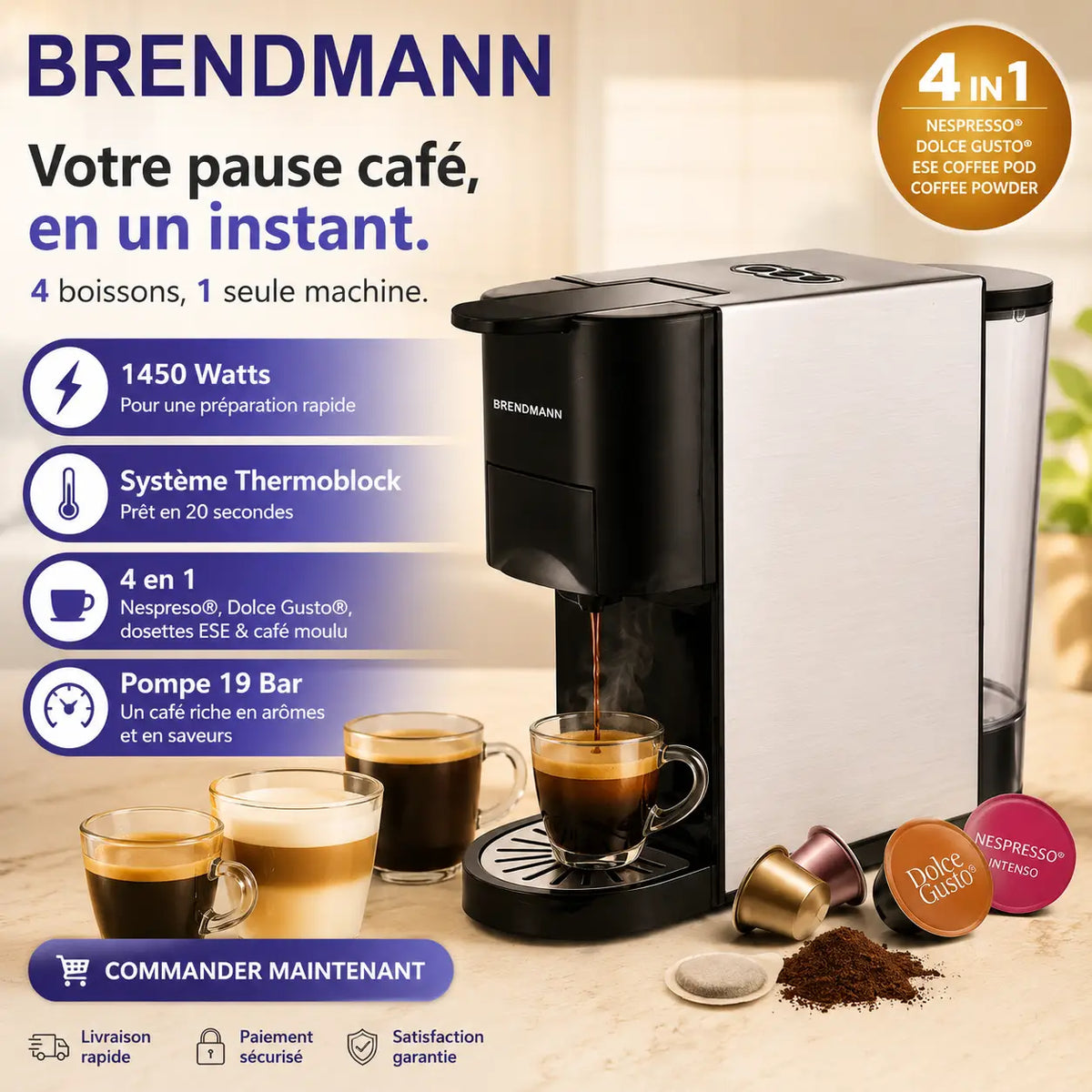 Cafetière brendmann 4 en 1 noire et argent avec design moderne et fonctions multiples pour préparer café facilement