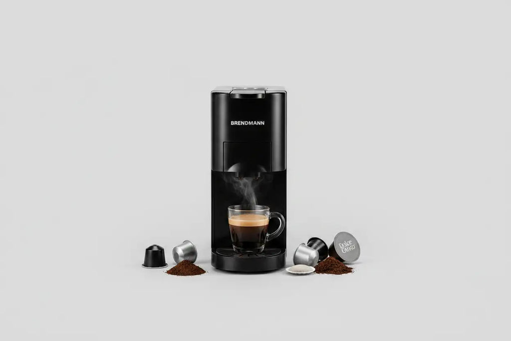 Machine à café brendmann 4 en 1 noire avec tasse en verre despresso et capsules de café éparpillées