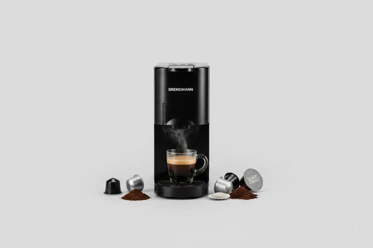 Machine à café brendmann 4 en 1 noire avec tasse en verre despresso et capsules de café éparpillées