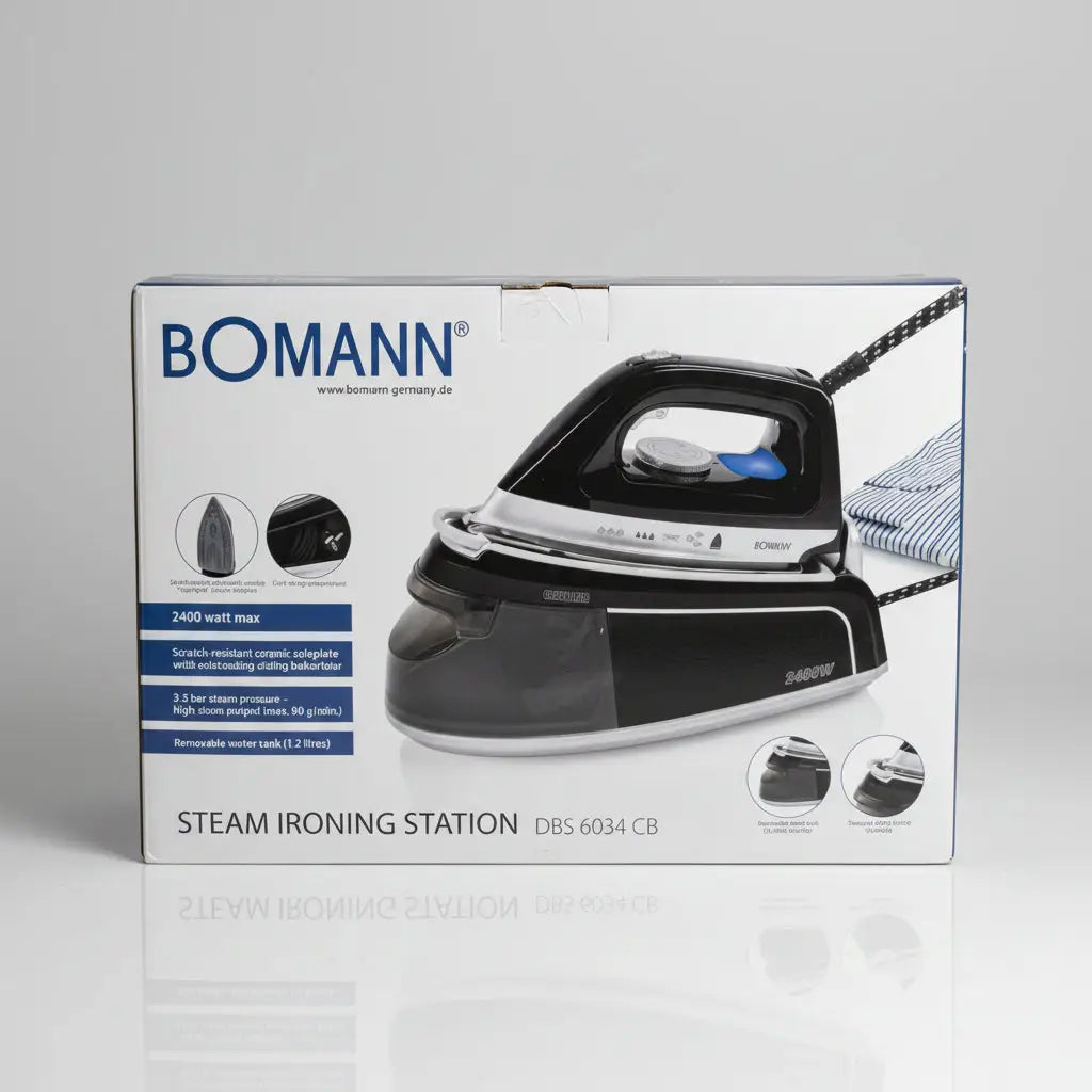 Centrale à vapeur bomann noire et argent avec réservoir d’eau bleu pour repassage efficace